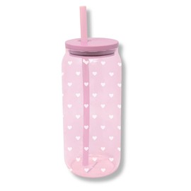 Draper James Glass Tumbler with Straw and Lid, 20oz Ice Coffee Cup, Cute Glass Cup with Bamboo Lid, Pink Glass with White Hearts Aesthetic Cups for Women, Mini Hearts