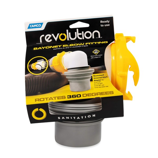 Camco Revolution RV Sewer Hose Bayonet Elbow | Features a Built-In Gasket for an Odor-Tight Connection, a 360-Degree Swivel for Easy Install, and Includes a 4-in-1 Adapter (39471)
