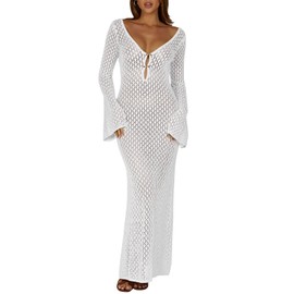 Saodimallsu Womens V Neck Crochet Maxi Dresses Bell Sleeve Bodycon Long Dress Hollow Out Summer Beach Vacation Cover Up White