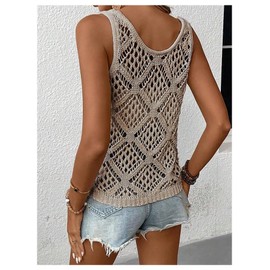 SHENHE Women's Summer Crochet Tank Tops Sleeveless Scoop Neck Sweater Vest Hollow Out Cover Ups Khaki Large