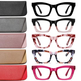 Hubeye 5 Pairs Oprah Style Square Reading Glasses for Women Men Blue Light Blocking Computer Readers with leather case +1.0