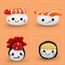 4 PCS Sushi Crochet Kit for Beginners, Starter Crochet Kit, All You Need in, Including Crochet Hook, Soft Yarn, Instructions, Step-by-Step Video Tutorials, Thanksgiving Birthday Gift
