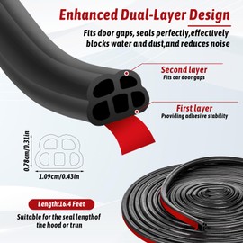 52.5Ft Car Door Rubber Seal Strip Double Layer Rubber self Adhesive 5 Hole Automotive Weather Stripping Self Adhesive Automotive Door Soundproofing Weather Stripping for Car Door Hood Tailgate