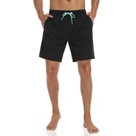 Nonwe Men's Swim Trunks with Boxer Brief Liner Breathable Color Block Board Shorts with Pockets Black 32