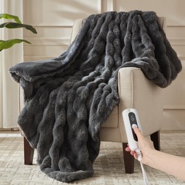 ACCU-WARMTH Heated Throw Blanket - Plush Thick Bubble Faux Fur Heated Blanket, Fast Heating Electric Blanket 6 Heating Levels & 4 Hours Auto-Off, Machine Washable, 50"x60", Dark Grey