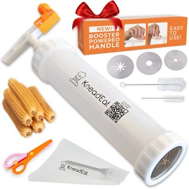 Churro Maker Kit with Booster-powered Handle. Churrera, Piping Bag Churro-Filler and Scissors. Easy QR-Recipe to Prepare and Fill Your Own Churros at Home - KneadEat Cookie Churro Maker. (3-nozzle).