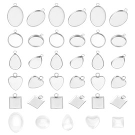 UNICRAFTALE 200pcs 5 Styles Cabochon Charms Stainless Steel Blank Bezel Pendant Trays Oval Teardrop Heart Flat Round Square Base Cabochon Charm with Glass Cabochons 10~22mm Long for Jewelry Making
