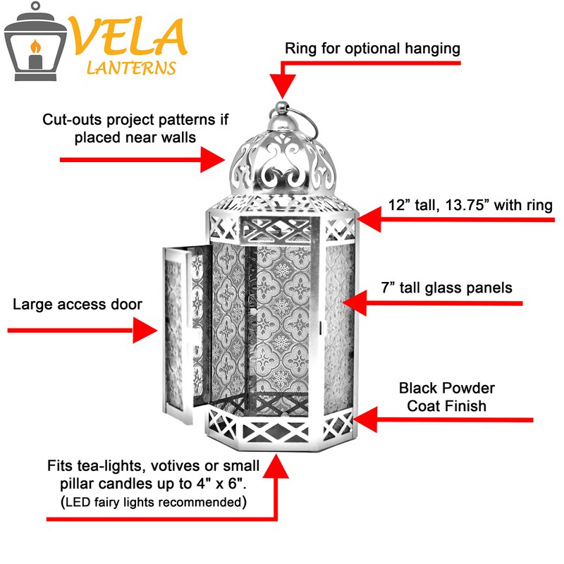Vela Lanterns 12" Black Metal Moroccan Decorative LED Fairy Lights