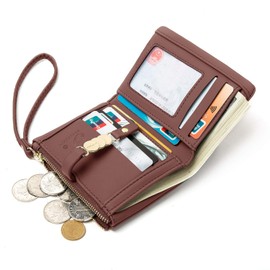 AOXONEL Womens Wallets Small RFID Bifold Wristlet,Ladies Wallets for Card Coin,Change Purse with Wrist Strap (Dark Red)