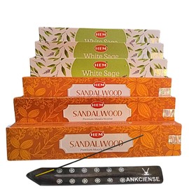 Hem Masala Incense Pack of 3 Each Fragrance, Bundled with ANKCIENSE Incense Holder (Champa & Myrhh) (White Sage & Sandalwood)