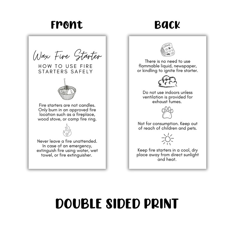 Wax Fire Starter Care Guide Instruction Card | 50pk 2x3.5”