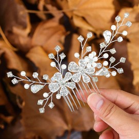 Urieo Wedding Hair Pieces Silver Flower Rhinestone Bride Hair Side Combs Pearl Crystal Bridal Hair Accessories for Brides and Bridesmaids