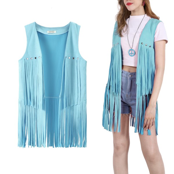 PARTTELY Women Fringe Vest 70s Hippie Costume Faux Suede Rivets