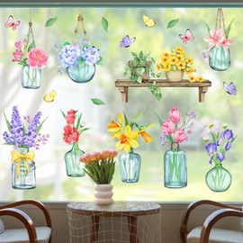 Yovkky Potted Plant Flowers Wall Decals Stickers, Watercolor Floral Glass Vase Hanging Bonsai Home Bedroom Decor, Spring Summer Greenery Butterfly Office Living Room Kitchen Decorations Art