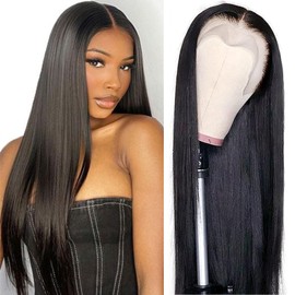 Straight Lace Front Wigs Human Hair 180% Density 13x4 HD Transparent Glueless Lace Frontal Human Hair Wigs for Women Pre Plucked Perruque Femme Humain Naturel (24in, Natural Black)