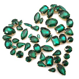 Rhinestones for Crafting, 50pcs Sew on Rhinestones Flatback Crystal Rhinestones Mixed Shapes with Metal Claw for Craft Clothes Jewelry Shoes Bags DIY Decoration (Green)