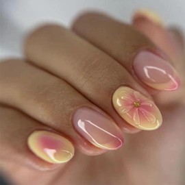 24Pcs Summer Press on Nails Short Almond Fake Nails 3D Flowers with Rhinestones Glitter Designs Full Cover Yellow and Pink Stick on Nails French Tip False Nails for Women Girls Acrylic Nail Decor