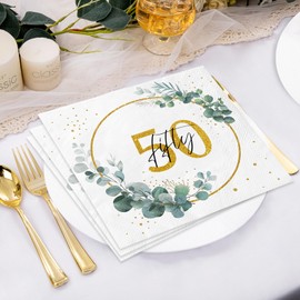 40Pcs 50th Birthday Napkins, Sage Green Napkins Eukalyptus Gold Napkins 50th Anniversary Napkins Party Serviettes Napkins Green for Cocktail Wedding Anniversary