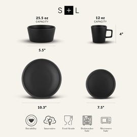 Stone Lain Celina Stoneware 16 Piece Dinnerware Set, Plates and Bowls, Black Matte Dish, Service for 4 – Minimalist Round Style, Microwave & Dishwasher Safe