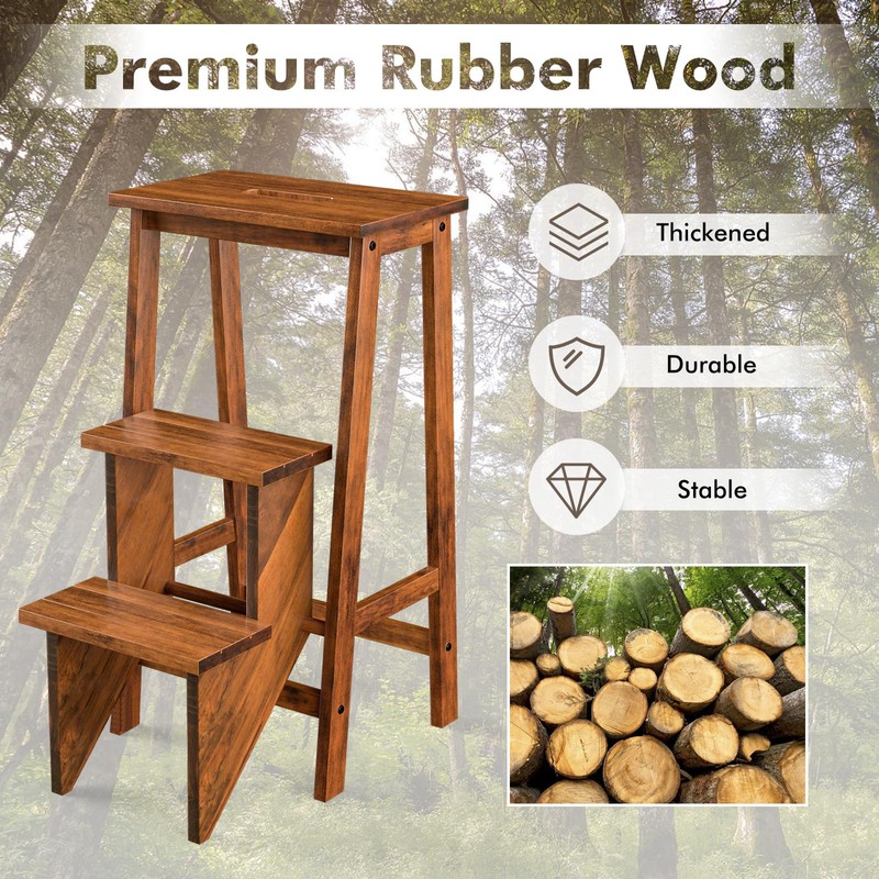 DORTALA 3 Tier Folding Step Stool, Rubber Wood Multifunctional Ladder