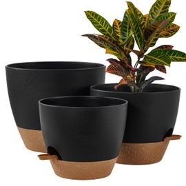 FaithLand FaithLand 3-Pack Large Planter Pots, 12 10 9 Inch Self Watering Flower Pots for Indoor Outdoor Garden Plants, Black with Brown