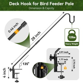 IVOODi Heavy Duty Adjustable Deck Railing Hook - 28-Inch Outdoor Clamp-Mount Hanging System for Bird Feeders, Wind Chimes & Garden Decor (Fits 2.75" Thickness, Max 12lbs)