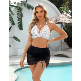 Blooming Jelly Womens High Wasited Bikini Sets Tummy Control Bathing Suit Modest Swim Skirt 2025 ?S, Striped Black?