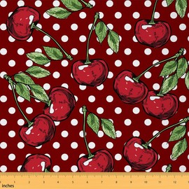 Tela de cereza roja de The Yard, tela decorativa de graffiti de frutas dulces tropicales a mano, proyectos de bricolaje para el hogar, lindos lunares rojos y blancos precortados, 1 yarda precortada