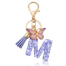 MORSUNBELA Keyring Letter Keyring with Initial Letter Butterfly Keyring Teenager Girls, Lila-M