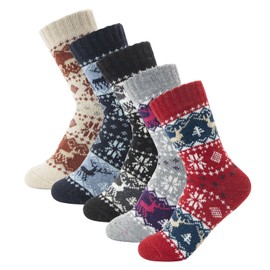 CHEERYMAGIC Thermal Socks for Women, 5 Pairs Thick Ladies Winter Warm Wool Socks Vintage Reindeer Socks Christmas Socks Soft Bed Socks for Women Girls Home Office School Xmas Gifts A7XLW
