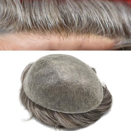 Mens Toupee Wigs Invisible Mens Hair Replacement Poly Hairpiece V-loop 0.04mm Thin Skin Human Hair System Gray Man Hair Unit Gray Wig for Men (8"x10",#420 Medium Brown+20%Gray-100%Light to Med-Light)