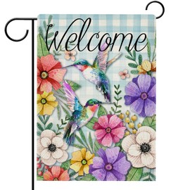 Hzppyz Welcome Spring Garden Flag Hummingbird, Decorative House Yard Lawn Outdoor Small Burlap Bird Flag Flower Decor, Blue Plaid Summer Farmhouse Seasonal Outside Decorations Double Sided 12 x 18