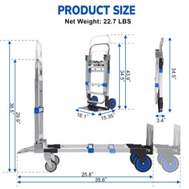 Upgraded 3 in 1 Aluminum Folding Hand Truck, 600lbs Capacity, Heavy Duty Convertible Dolly with Retractable Handle and 4 Rubber Wheels, Collapsible Cart for Moving Home, Office, Warehouse (Blue)