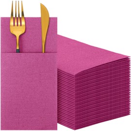 Cindeer 75 Pcs Hot Pink Linen Dinner Feel Napkins with Built in Flatware Pocket Prefolded Paper Disposable Airlaid Guest Hand Towel for Silverware Wedding Reception Christmas Baby Shower
