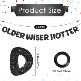 Glitter Older Wiser Hotter Banner, Happy Birthday Party Banner Funny Birthday Banner for Men&Women 30th 40th 50th 60th 70th 80th Birthday Party Decorations Birthday Sign (Black)