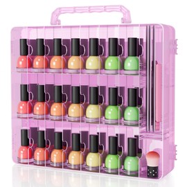 SUBAY Nail Polish Organizer Case for 48 Bottles, Double Side Nail Polish Holder for Storage Display, Portable Nail Polish Storage with 2 Toe Separators, 6 Adjustable Dividers for Space Saver, Pink