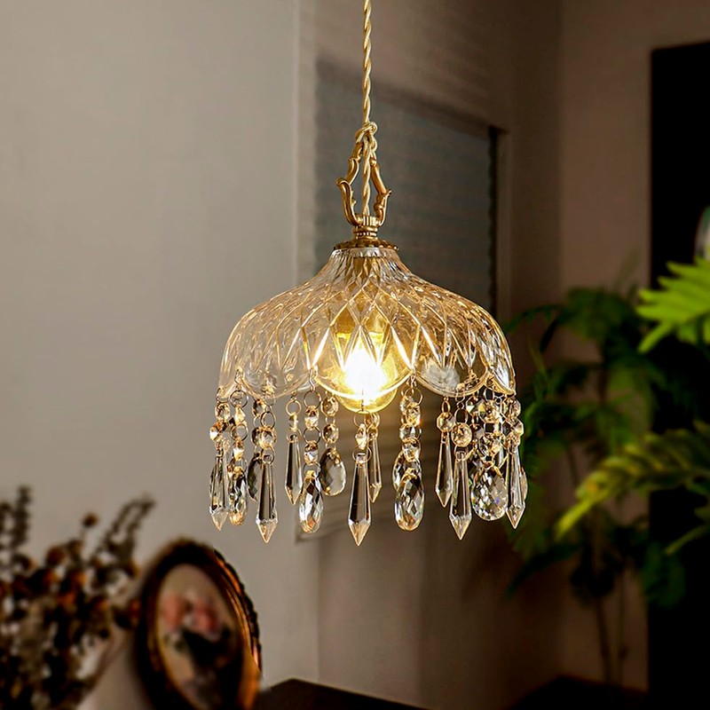 LYTSNUGIC Small Vintage Crystal Pendant Light Kitchen Island,French Brass Glass