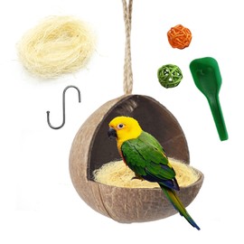 kathson Natural Coconut Shell Bird Nest,Hanging Coconut for Birds Parakeet Coconut Hut Coco Shell Bird House Cage Accessories Decoration for Parrots Lovebird Parakeets Finch Canary