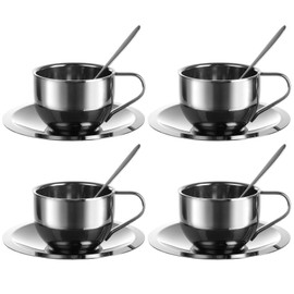QTLCOHD 4 Pack 6 Oz Stainless Steel Coffee Cup Set, Coffee Mugs with Spoon and Saucer, Double Walled Espresso Cups for Coffee, Cappuccino, Milk, Tea