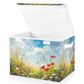 senya Large Storage Bins with Linen Oil Painting Flower Collapsible Foldable Storage Cubes Fabric Closet Organizer Containers Box with Flip-Top Lid for Home Bedroom Office 16.7 x 12.6 x 11.8in