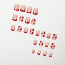 French Tip Press on Nails Short Square Fake Nails Cute Strawberry Small Daisy Design False Nails Full Cover Red Nail Tips Stick on Nails Glossy Spring Summer Glue on Nails for Women Manicure Kit