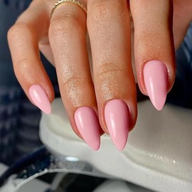 48 piezas de uñas postizas de color rosa con forma de almendra, uñas postizas con pegamento, uñas de longitud media con forma de almendra, uñas postiz
