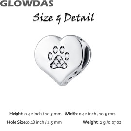 Dog/Cat Paw Print Charms on My Heart Fit European Animal Bracelet, 925 Sterling Silver Puppy Paw Print CZ Beads with Dog Bone, Gifts for Pet Lover/Mother's Day/Valentine's Day, Sterling Silver Cubic