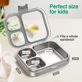 HOMEKOL Stainless Steel Lunch Box, 3 Compartments Metal Bento Box for Kids Adults, Leak-Proof Lunch Box for School Office, Dishwasher Safe, BPA-Free, Tritan Lid, Grey