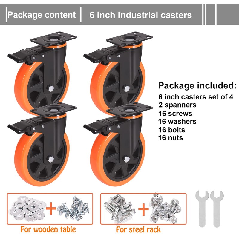 6 Inch Caster Wheels 3000 Lbs, Heavy Duty Casters Set