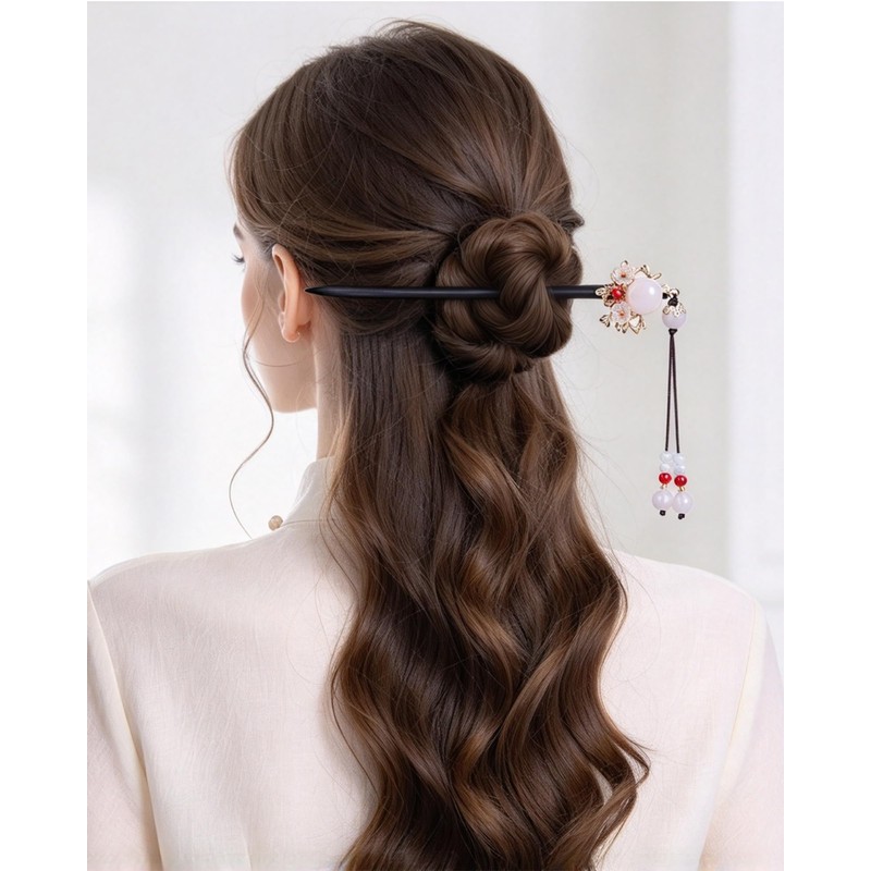 4 Pcs Chinese Hair Sticks for Women White Pink Flower