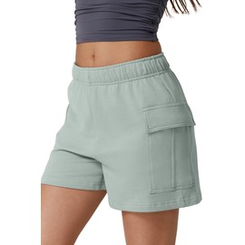 QINSEN - Pantalones cortos casuales de algodón 100% con cordón elástico en la cintura y bolsillos laterales para mujer, Verde Escarchado, Small
