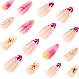 24 Pcs Press on Nails Short Almond Nail Tips,YEFIUO 3D Flower Acrylic Nail Kit Leopard French Fake Nails Press ons Glue on Nails Full Cover Reusable False Nails with Strong Jelly Glue Tool for Ma'am