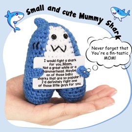 BuiltFit Funny Birthday Christmas Mom – I Would Fight a Shark for Mom, Handmade Fun Cute Small Crochet Shark for Mom Mama Mommy Mothers Day Stocking Stuffers Valentine's Day from Daughter Son