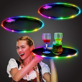 Tiangrid 2 Pcs LED Light up Serving Tray No Slip Multicolor Flashing Black Plastic Bar Serving Tray for Restaurants Bars Clubs Cocktail Night Party(Round)